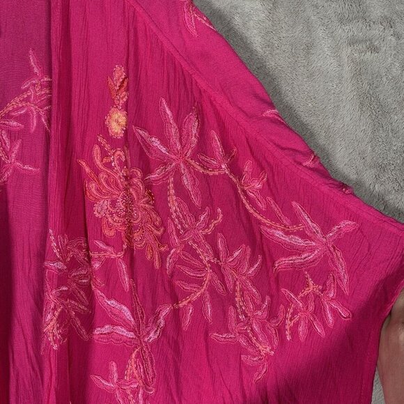 CHICOS Ruana Wrap Floral Embroidered Berry Pink Fringe Bohemian Vacation Beach - Picture 7 of 11